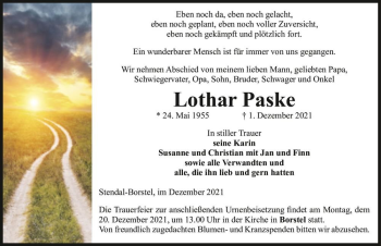 Traueranzeige von Lothar Paske  von Magdeburger Volksstimme
