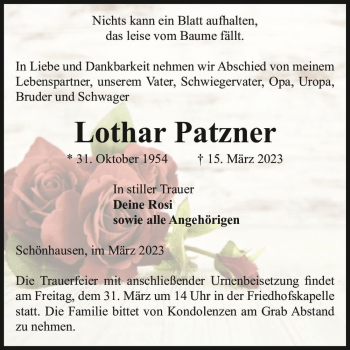 Traueranzeige von Lothar Patzner  von Magdeburger Volksstimme