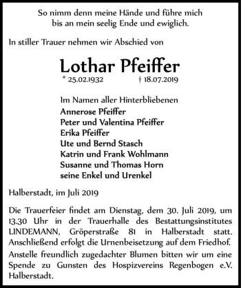 Traueranzeige von Lothar Pfeiffer  von Magdeburger Volksstimme