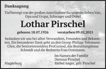 Traueranzeige von Lothar Pirschel  von Magdeburger Volksstimme