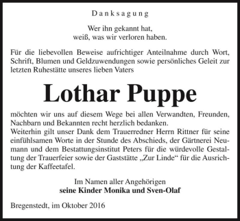 Traueranzeige von Lothar Puppe  von Magdeburger Volksstimme