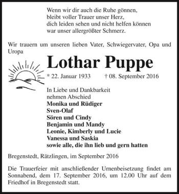 Traueranzeige von Lothar Puppe  von Magdeburger Volksstimme