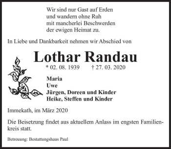 Traueranzeige von Lothar Randau  von Magdeburger Volksstimme