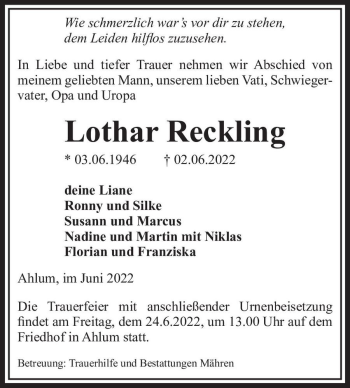 Traueranzeige von Lothar Reckling  von Magdeburger Volksstimme