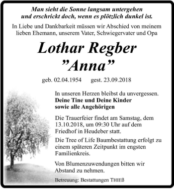 Traueranzeige von Lothar Regber 