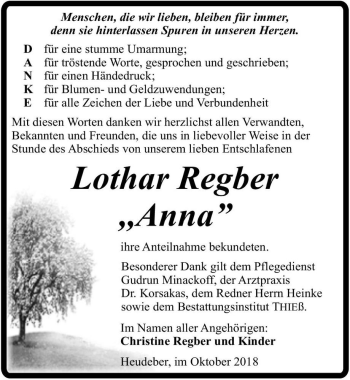 Traueranzeige von Lothar Regber 