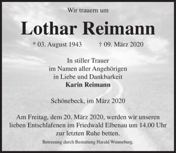 Traueranzeige von Lothar Reimann  von Magdeburger Volksstimme