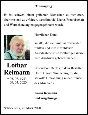 Traueranzeige von Lothar Reimann  von Magdeburger Volksstimme