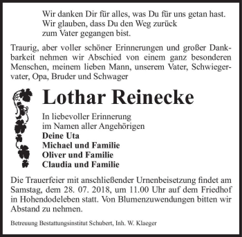 Traueranzeige von Lothar Reinecke  von Magdeburger Volksstimme