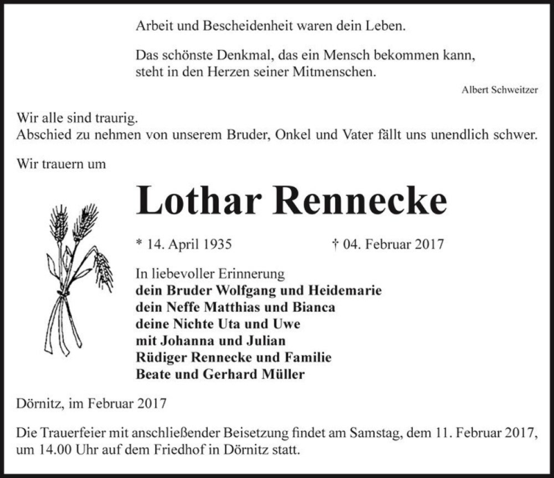  Traueranzeige für Lothar Rennecke  vom 09.02.2017 aus Magdeburger Volksstimme