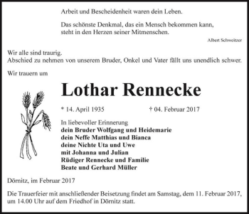 Traueranzeige von Lothar Rennecke  von Magdeburger Volksstimme