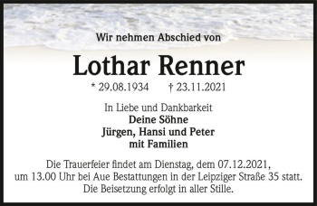 Traueranzeige von Lothar Renner  von Magdeburger Volksstimme