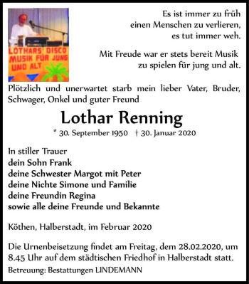 Traueranzeige von Lothar Renning  von Magdeburger Volksstimme