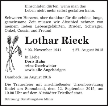 Traueranzeige von Lothar Rieck  von Magdeburger Volksstimme