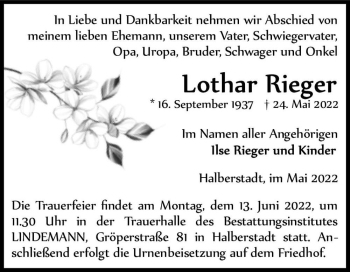 Traueranzeige von Lothar Rieger  von Magdeburger Volksstimme