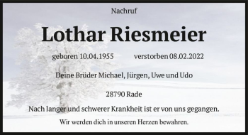 Traueranzeige von Lothar Riesmeier  von Magdeburger Volksstimme