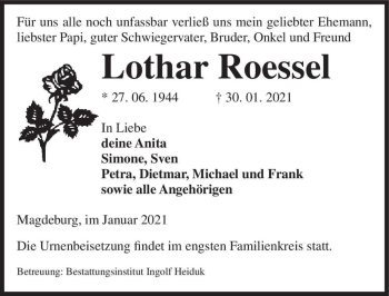 Traueranzeige von Lothar Roessel  von Magdeburger Volksstimme