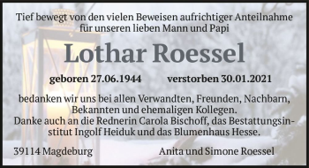 Traueranzeige von Lothar Roessel  von Magdeburger Volksstimme
