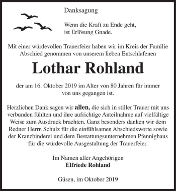 Traueranzeige von Lothar Rohland  von Magdeburger Volksstimme