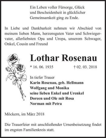 Traueranzeige von Lothar Rosenau  von Magdeburger Volksstimme