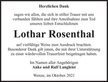 Traueranzeige von Lothar Rosenthal  von Magdeburger Volksstimme