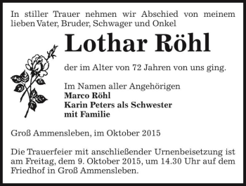 Traueranzeige von Lothar Röhl  von Magdeburger Volksstimme