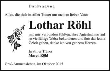 Traueranzeige von Lothar Röhl  von Magdeburger Volksstimme