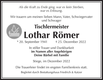 Traueranzeige von Lothar Römer  von Magdeburger Volksstimme