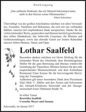 Traueranzeige von Lothar Saalfeld  von Magdeburger Volksstimme