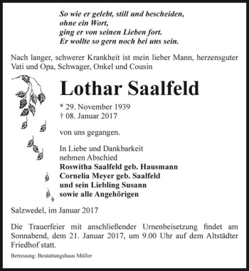 Traueranzeige von Lothar Saalfeld  von Magdeburger Volksstimme