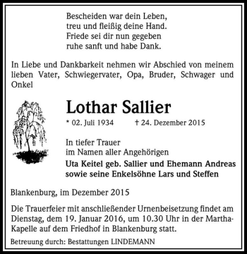 Traueranzeige von Lothar Sallier  von Magdeburger Volksstimme