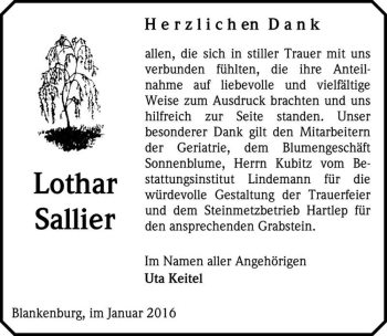 Traueranzeige von Lothar Sallier  von Magdeburger Volksstimme