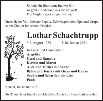 Traueranzeige von Lothar Schachtrupp  von Magdeburger Volksstimme