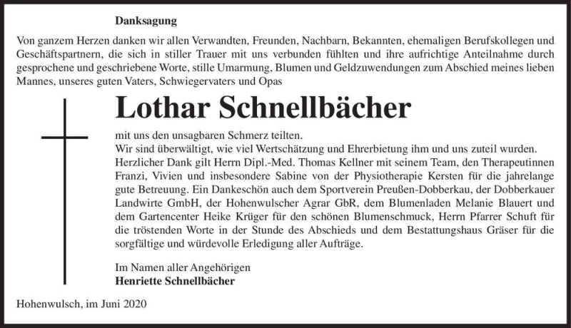  Traueranzeige für Lothar Schellbächer  vom 10.06.2020 aus Magdeburger Volksstimme
