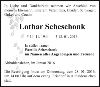 Traueranzeige von Lothar Scheschonk  von Magdeburger Volksstimme