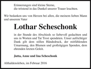Traueranzeige von Lothar Scheschonk  von Magdeburger Volksstimme