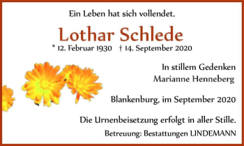 Traueranzeige von Lothar Schlede  von Magdeburger Volksstimme