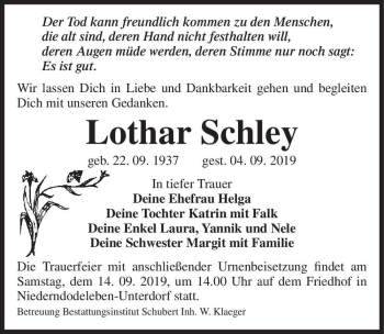 Traueranzeige von Lothar Schley  von Magdeburger Volksstimme