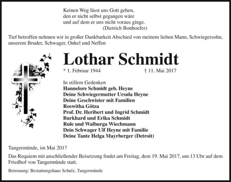  Traueranzeige für Lothar Schmidt  vom 13.05.2017 aus Magdeburger Volksstimme