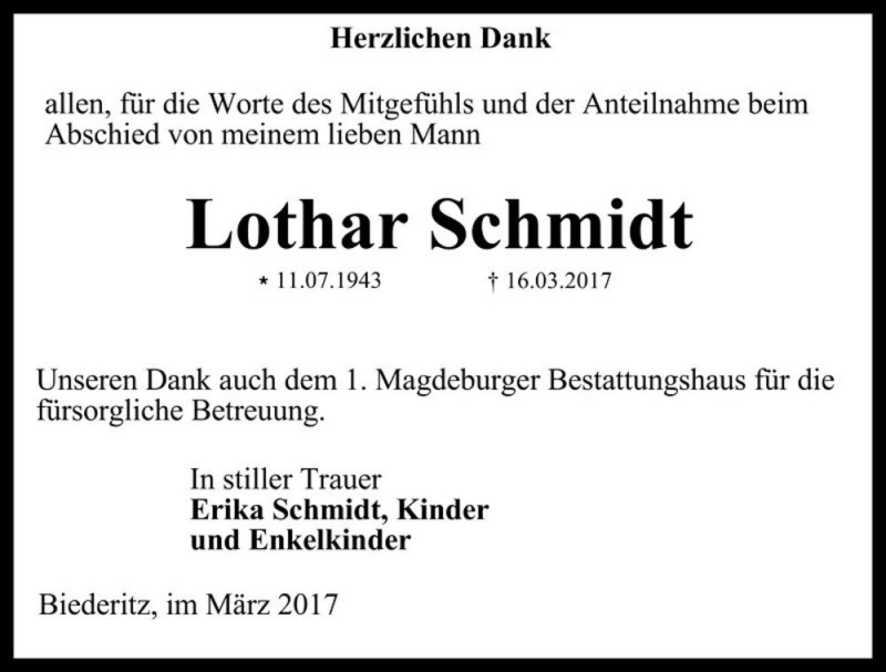  Traueranzeige für Lothar Schmidt  vom 08.04.2017 aus Magdeburger Volksstimme