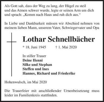 Traueranzeige von Lothar Schnellbächer  von Magdeburger Volksstimme
