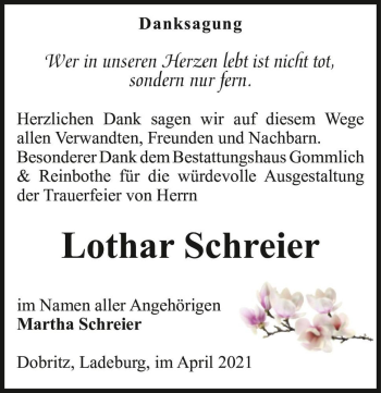 Traueranzeige von Lothar Schreier  von Magdeburger Volksstimme