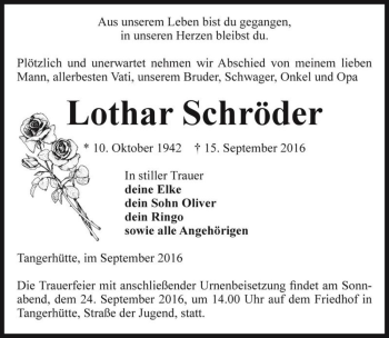 Traueranzeige von Lothar Schröder  von Magdeburger Volksstimme