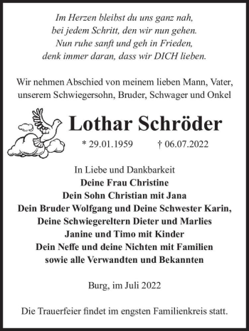 Traueranzeige von Lothar Schröder  von Magdeburger Volksstimme