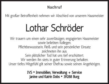 Traueranzeige von Lothar Schröder  von Magdeburger Volksstimme