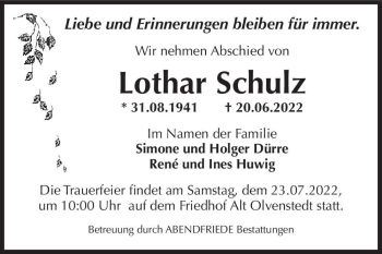 Traueranzeige von Lothar Schulz  von Magdeburger Volksstimme