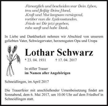 Traueranzeige von Lothar Schwarz  von Magdeburger Volksstimme