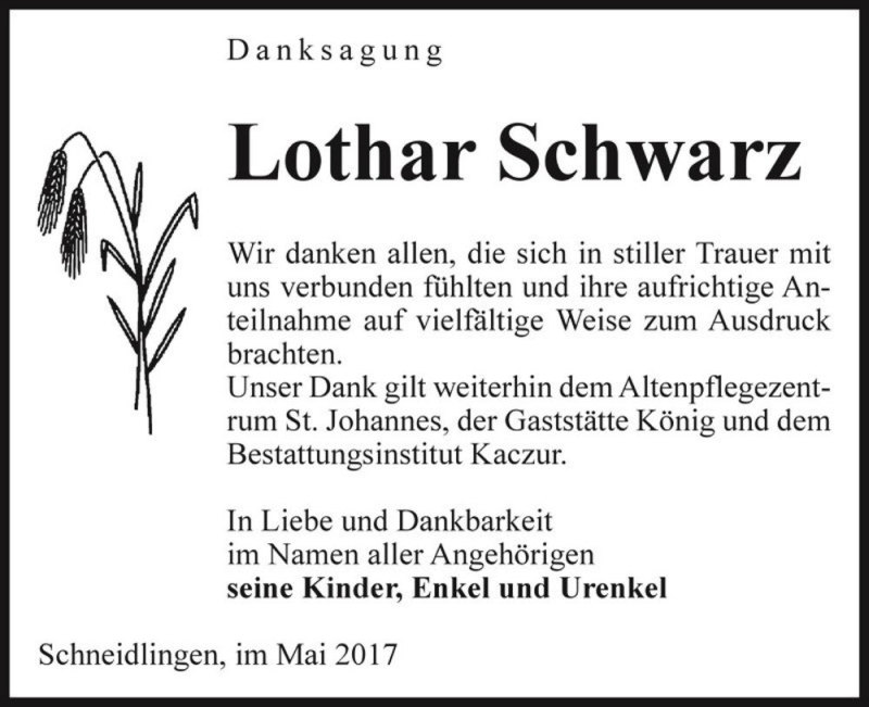  Traueranzeige für Lothar Schwarz  vom 13.05.2017 aus Magdeburger Volksstimme