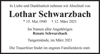 Traueranzeige von Lothar Schwarzbach  von Magdeburger Volksstimme