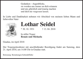 Traueranzeige von Lothar Seidel  von Magdeburger Volksstimme